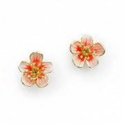 Apple blossom stud earrings pair with pink enamel petals and coral centres on white background