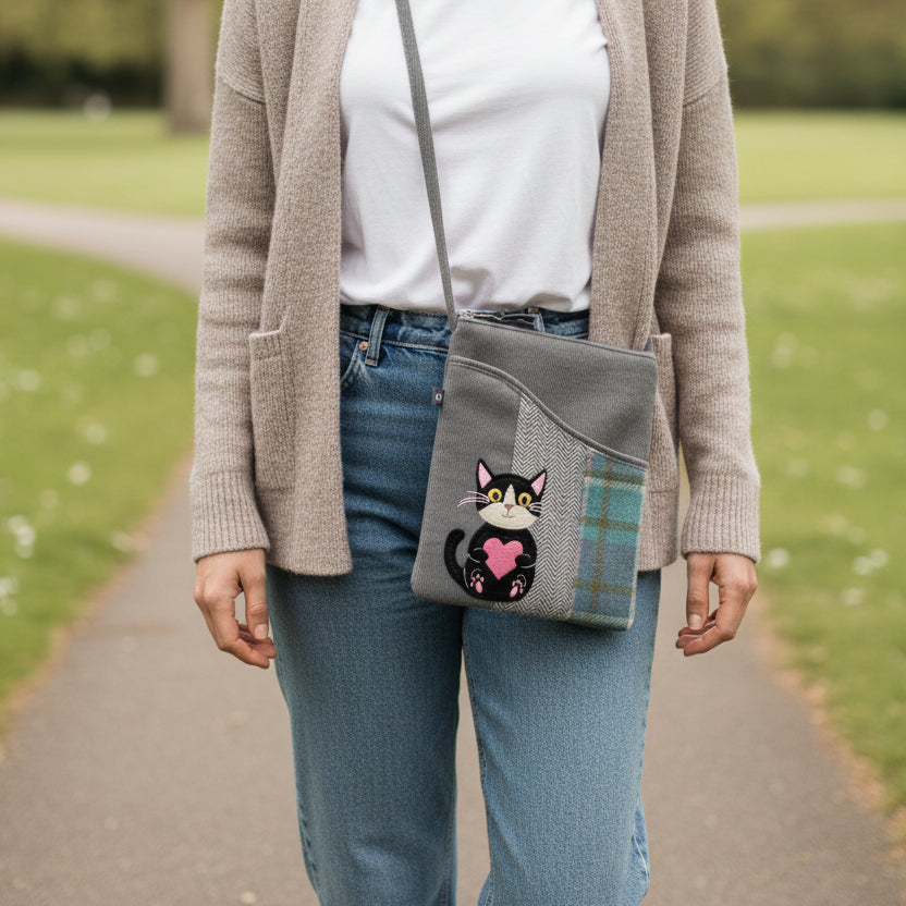 Earth Squared Cat Applique Crossbody Sling Bag in teal tweed with cat and heart motif