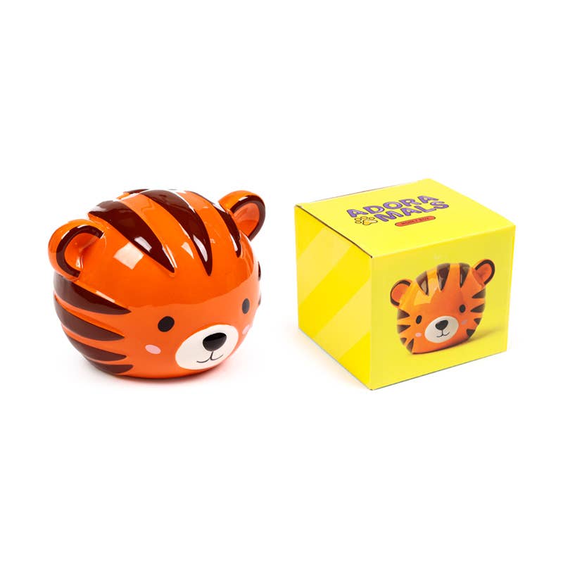 Alfie the Tiger money box displayed beside its yellow Adoramals gift box packaging.