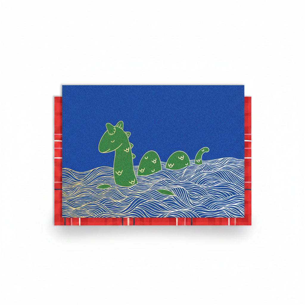 Loch Ness Monster gold foil card in blue with red tartan envelope