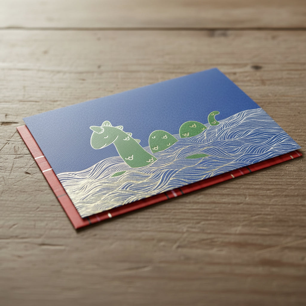 Loch Ness Monster greeting card with gold foil Nessie design by Neon Magpie