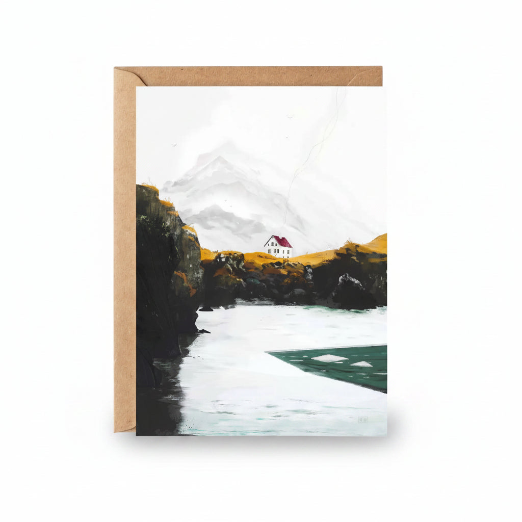 Aegir's Rest greeting card featuring Sara Willia's Icelandic landscape artwork with kraft envelope