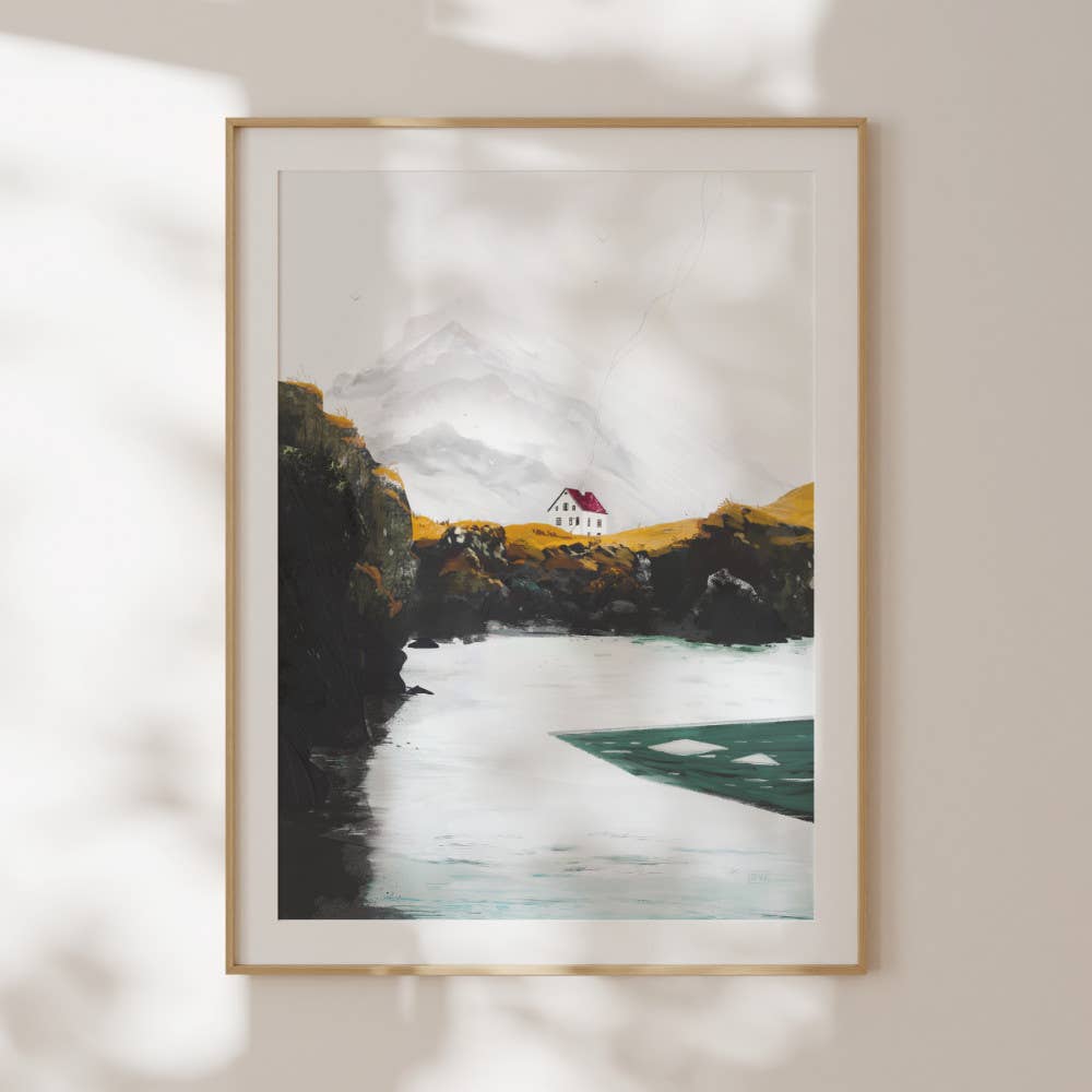 Aegir's Rest Iceland landscape art print of a lone dwelling under an open sky