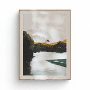 Framed artwork of a mountain landscape with a lake on a beige wall.
