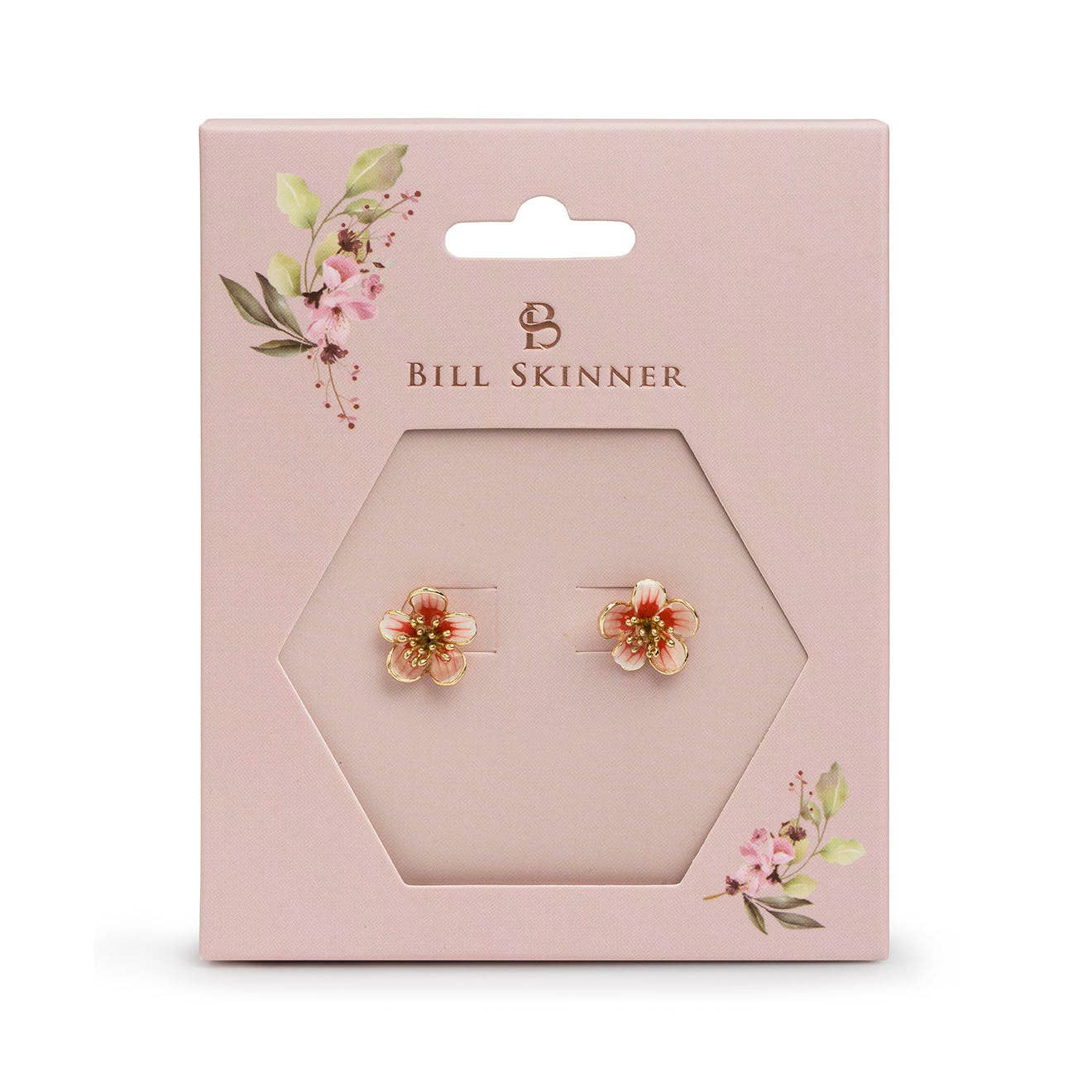 Apple blossom stud earrings on Bill Skinner branded pink floral packaging card