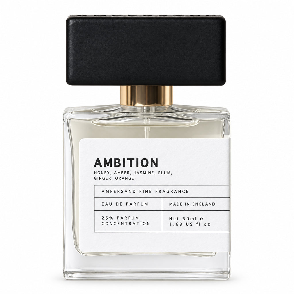 Ambition eau de parfum bottle with black cap, front view on cream background