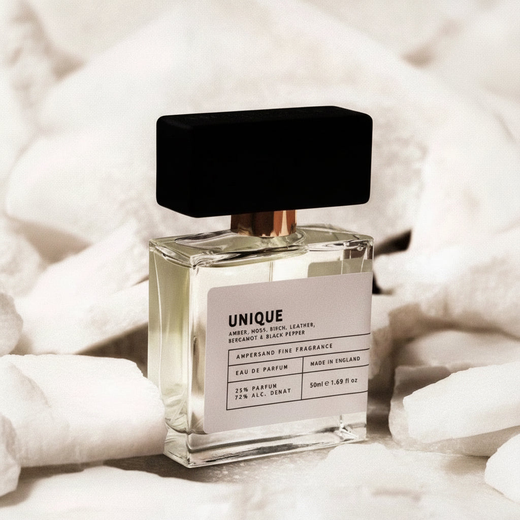 Unique fragrance bottle on soft cream fabric lifestyle shot