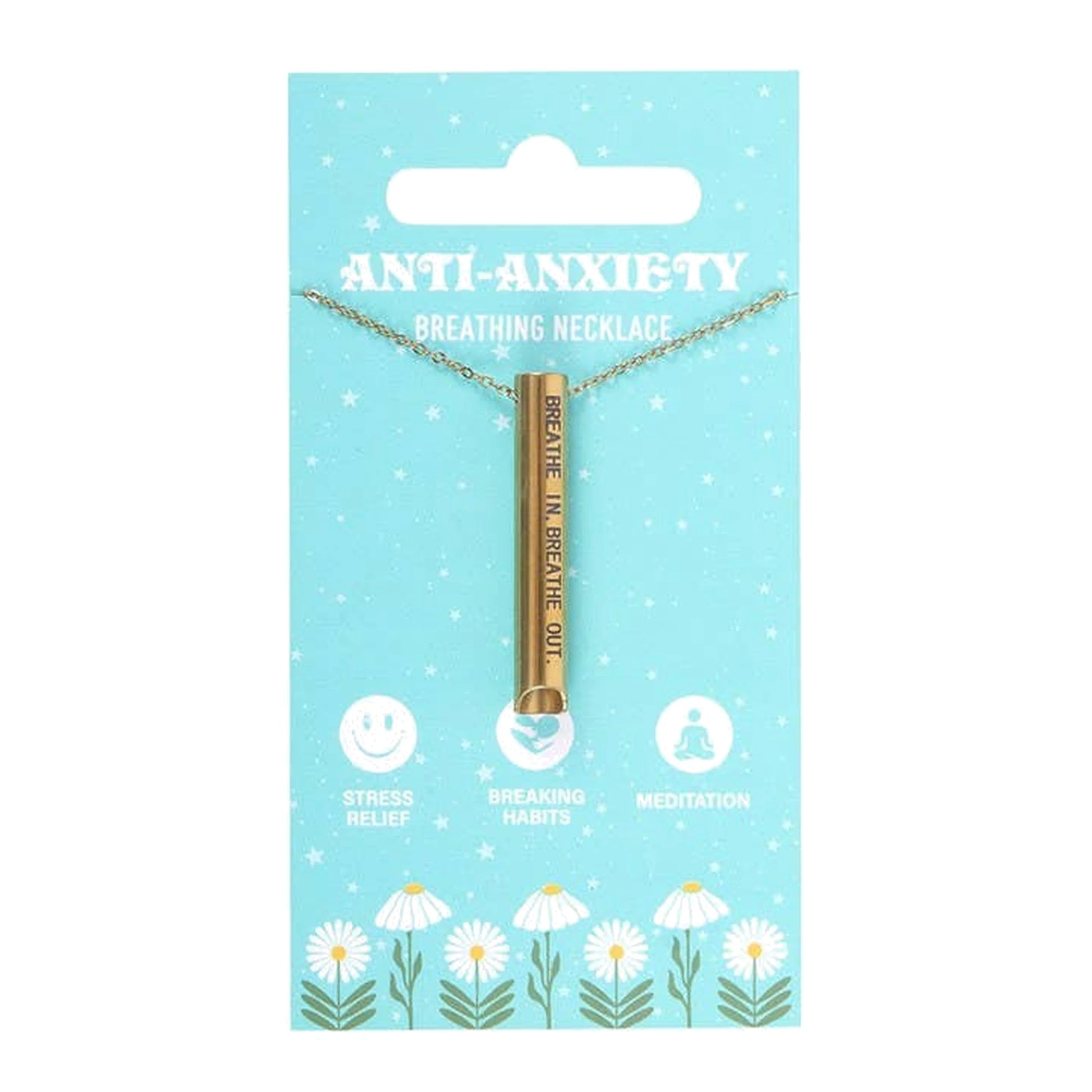 Anti-anxiety breathing necklace on mint daisy card with gold engraved pendant, pure white background.