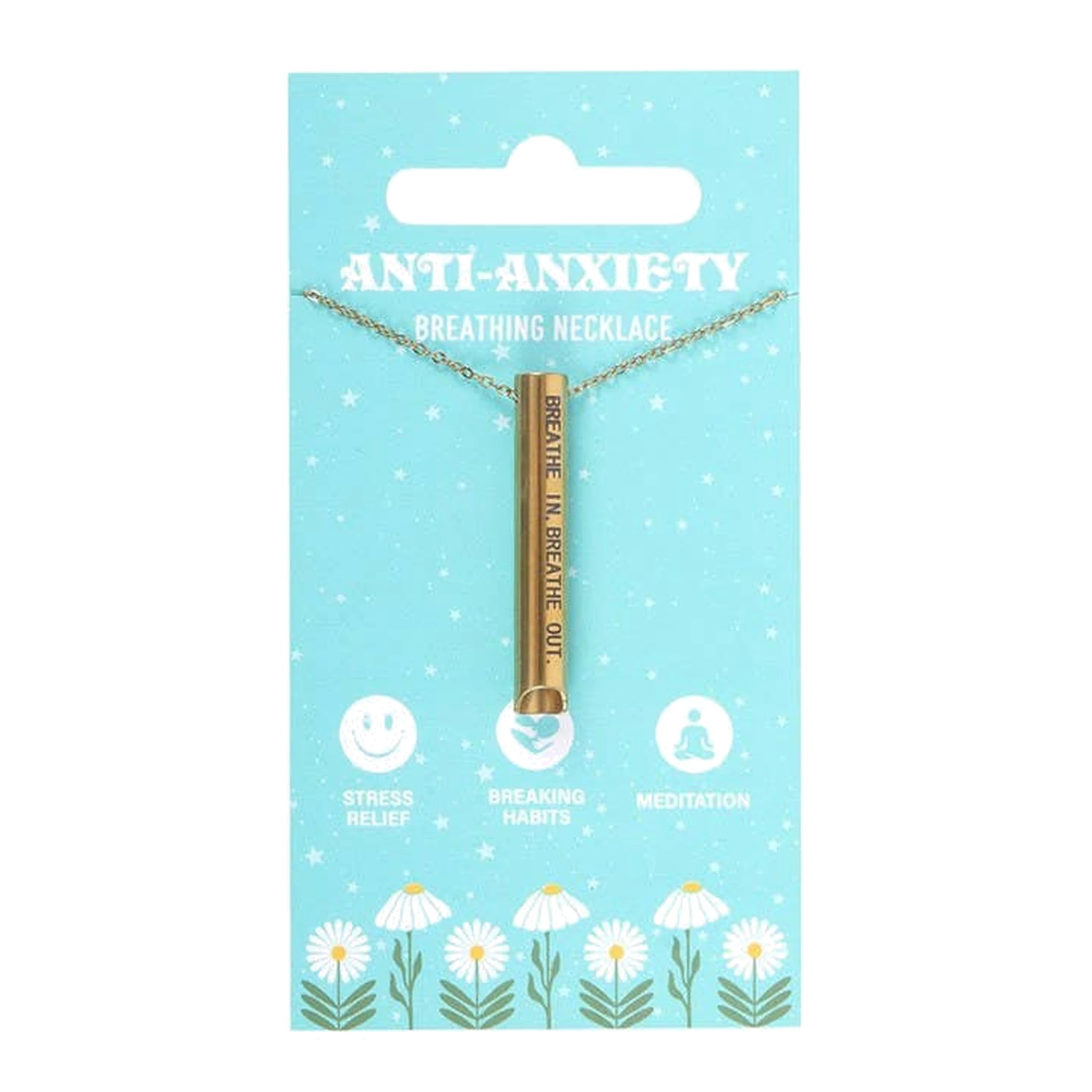 Anti-anxiety breathing necklace on mint daisy card with gold engraved pendant, pure white background.