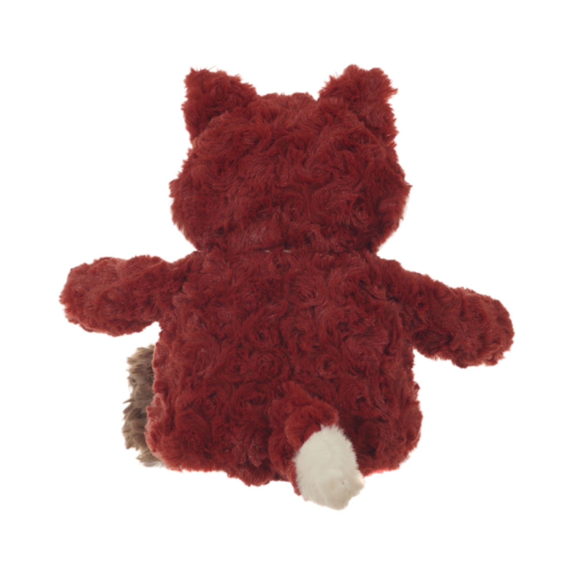 Back view of the fox Snuggable Hottie showing its curly red fur and tail