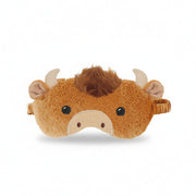 Highland cow plush eye mask with fuzzy horns and ears, brown, on white background