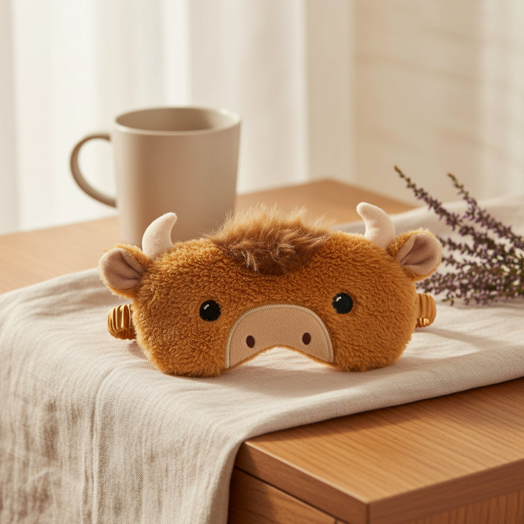 Plush animal face mask with brown fur and horns on a white background