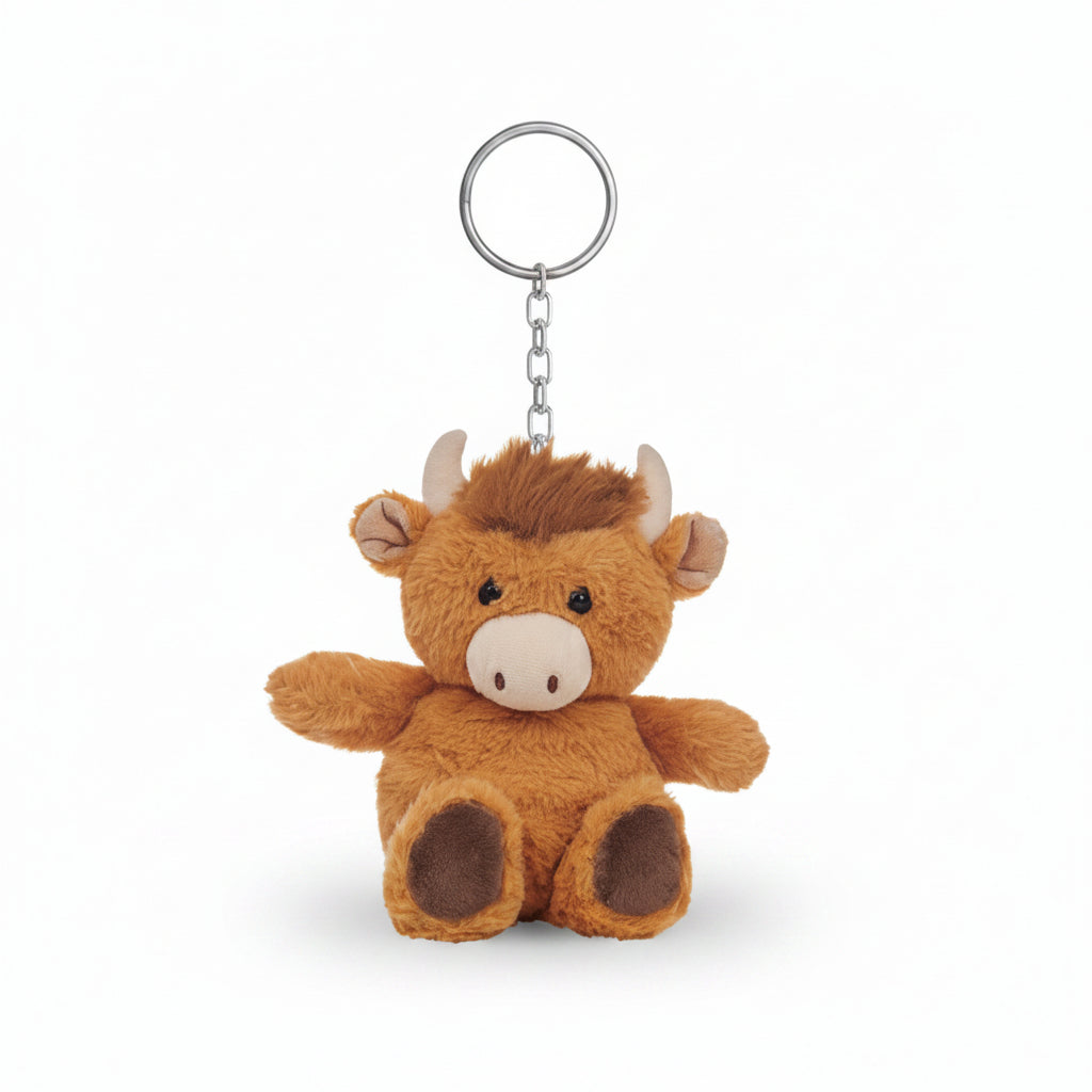 Highland cow plush keyring with tartan tag on a keyring clip, brown, on white