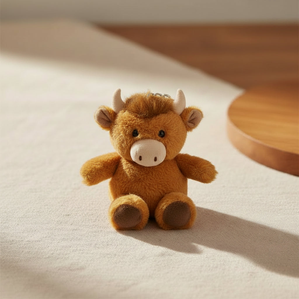 Plush cow keychain with a tag on a white background