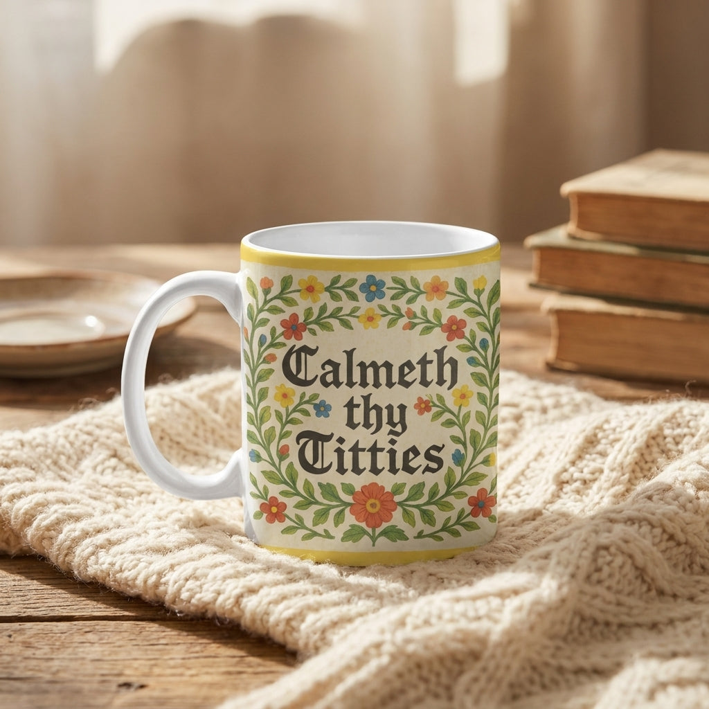 'Calmeth Thy Titties' by Ms Doodle 11oz ceramic mug, Art Wow styled in a warm lifestyle setting
