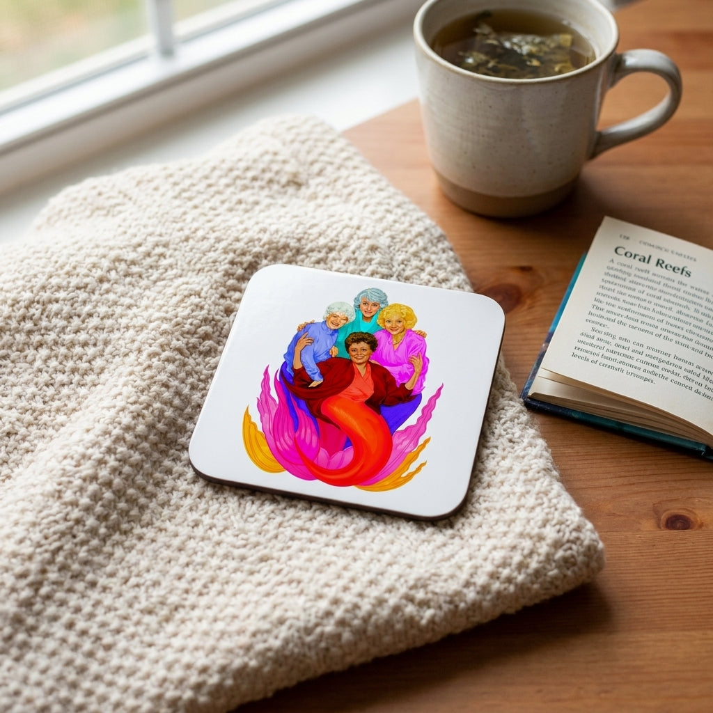 'Golden' by Jock Mooney cork coaster, Art Wow styled in a warm lifestyle setting