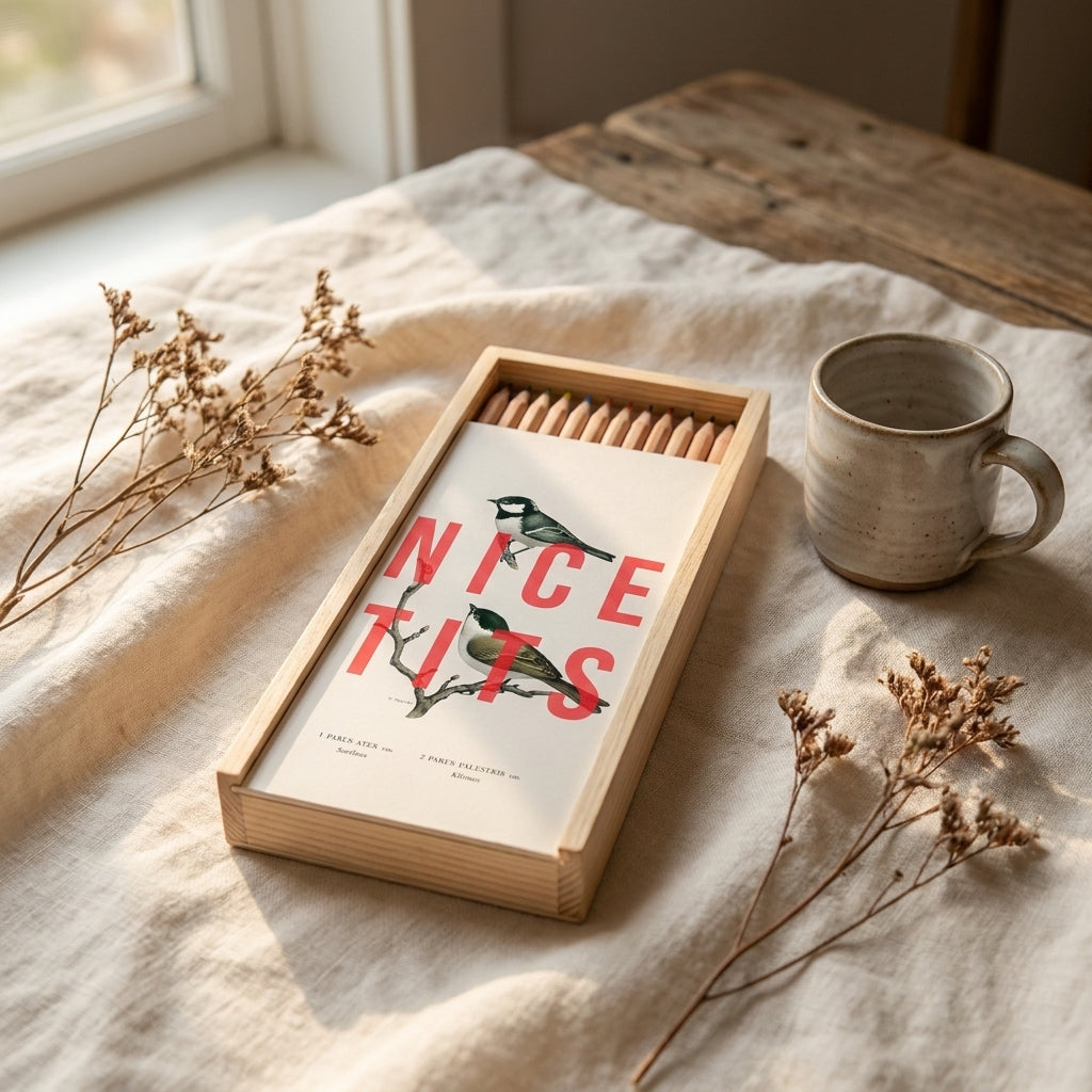 'Nice Tits' coloured pencils set with box, Art Wow styled in a warm lifestyle setting