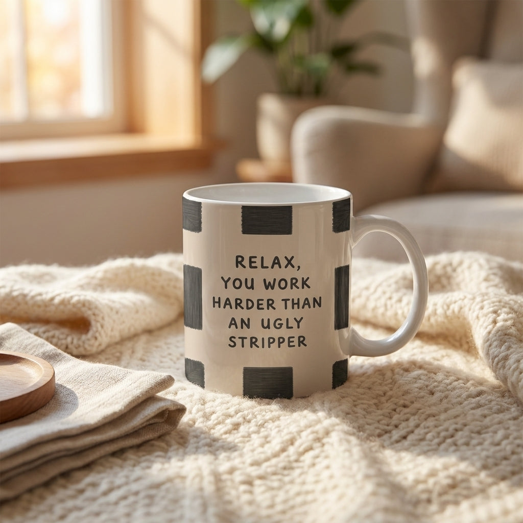 'Relax' by Ms Doodle 11oz ceramic mug, Art Wow styled in a warm lifestyle setting