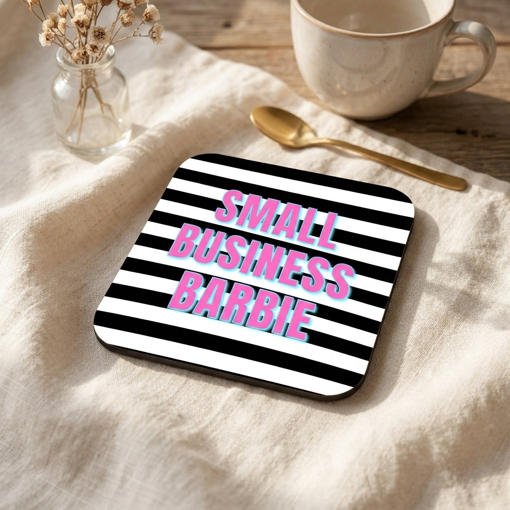 'Small Business Barbie' by Nida Designs cork coaster, Art Wow styled in a warm lifestyle setting