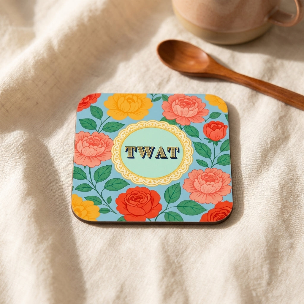 'Twat' by Lilly Rose cork coaster, Art Wow styled in a warm lifestyle setting