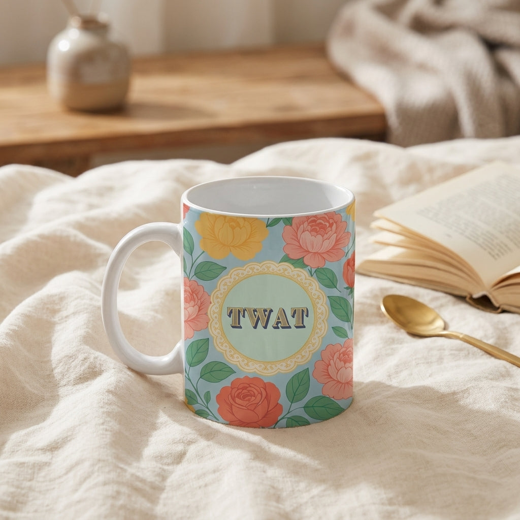 'Twat' by Lilly Rose 11oz ceramic mug, Art Wow styled in a warm lifestyle setting