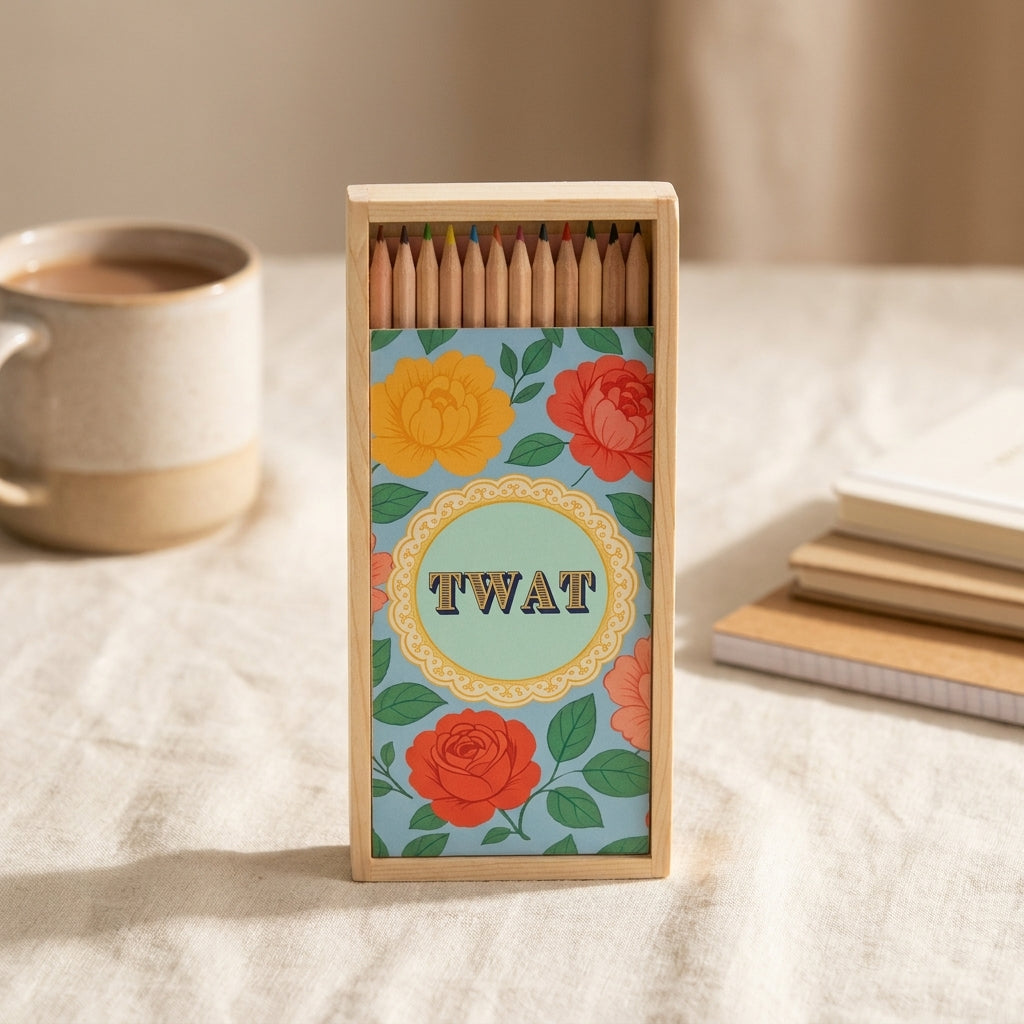 'Twat' coloured pencils set with box, Art Wow styled in a warm lifestyle setting