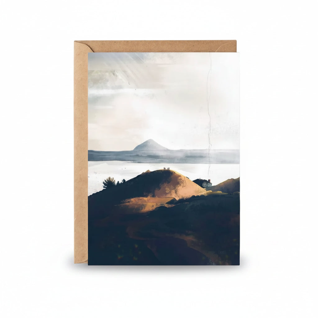 Arthur's Seat greeting card featuring Sara Willia's Edinburgh landscape artwork with kraft envelope