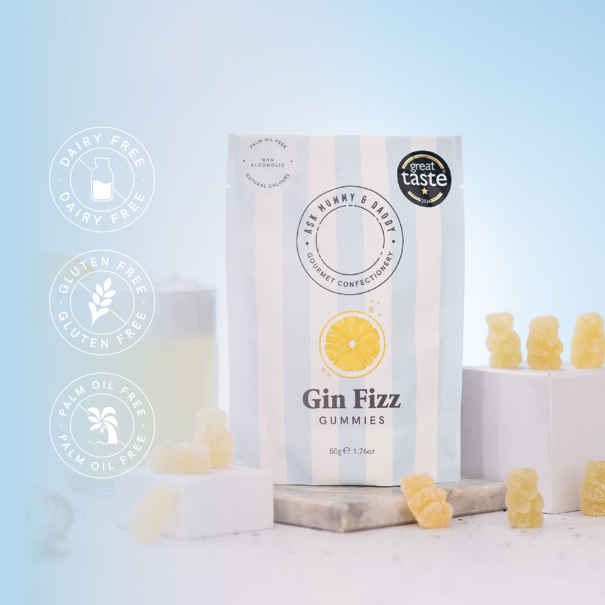 Gin Fizz Gummies pouch with dairy-free, gluten-free and palm oil-free badges