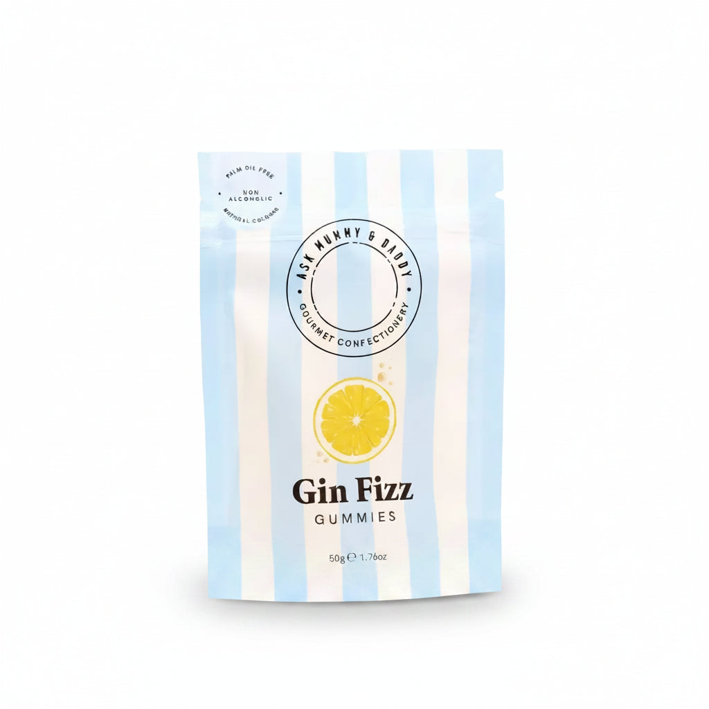 Gin Fizz Gummies pouch by Ask Mummy & Daddy with scattered gummy bears, white background