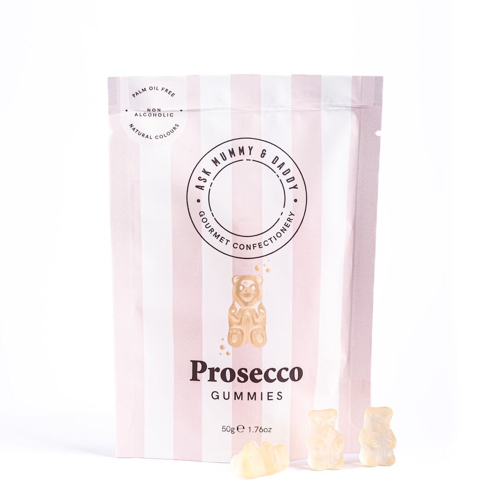 Prosecco Bears gummy sweets pouch on white background with three gummies