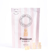 Prosecco Bears gummy sweets pouch on white background with three gummies