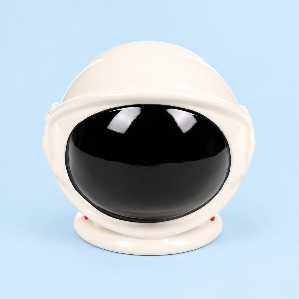 Front view of Space Cadet Astronaut Helmet Ceramic Money Box with shiny black visor facing forward.