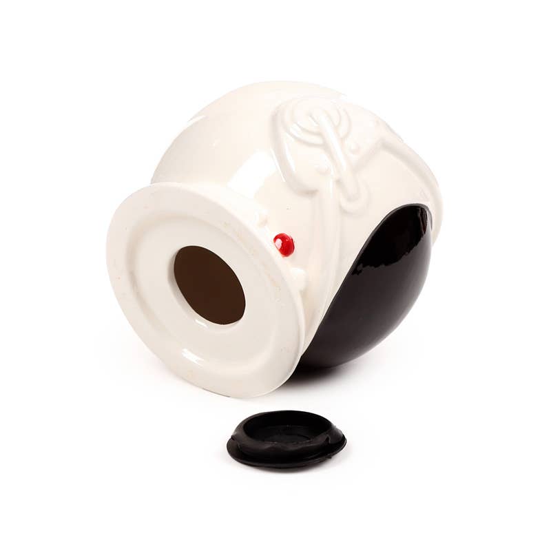 Underside of Space Cadet Astronaut Helmet Money Box showing coin opening and removable black rubber bung.