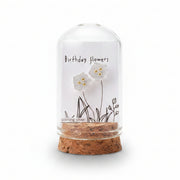 Sterling silver flower stud earrings on birthday message card inside glass terrarium held in hand