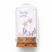 Glass terrarium with sparkle message card and crystal flower earrings with dried pink flowers