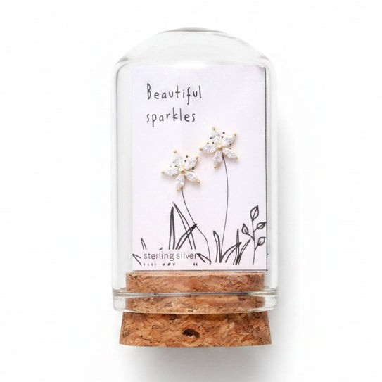 Glass terrarium with sparkle message card and crystal flower earrings with dried pink flowers