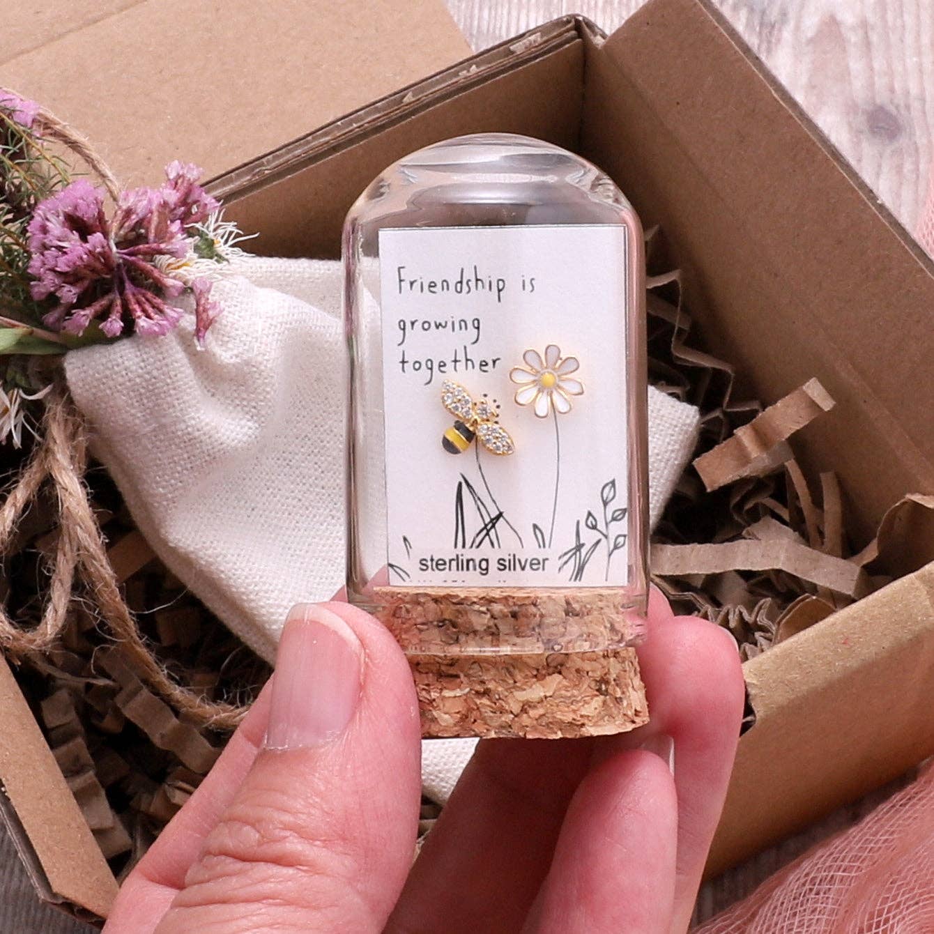Gold bee and flower earring gift set in kraft box with glass terrarium