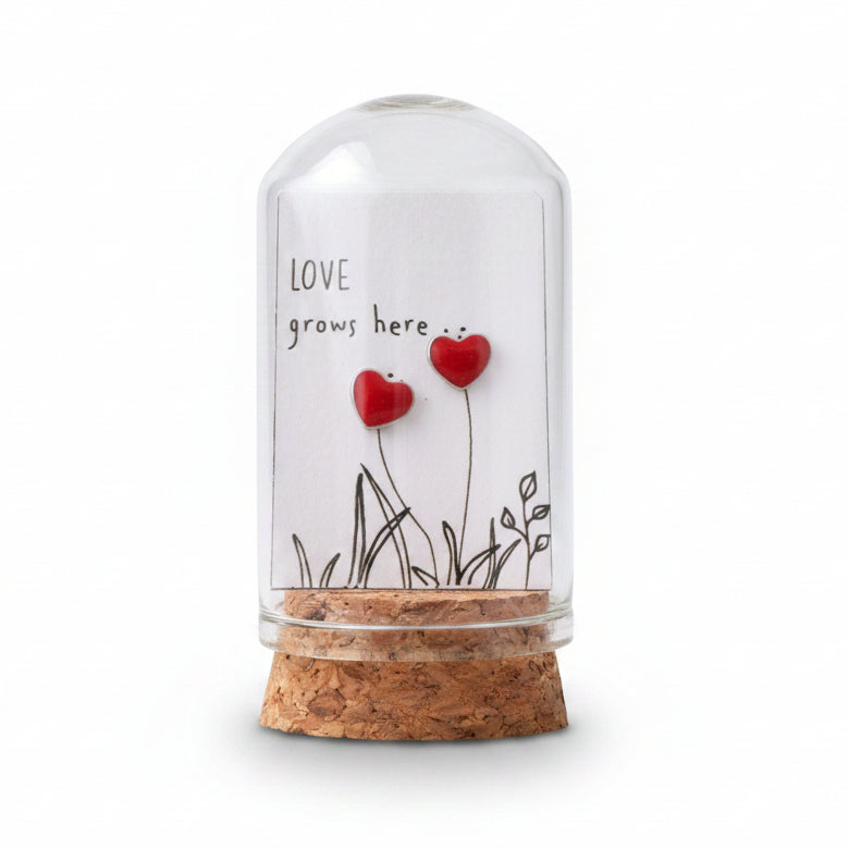 Red heart stud earrings on love message card inside glass terrarium held in hand