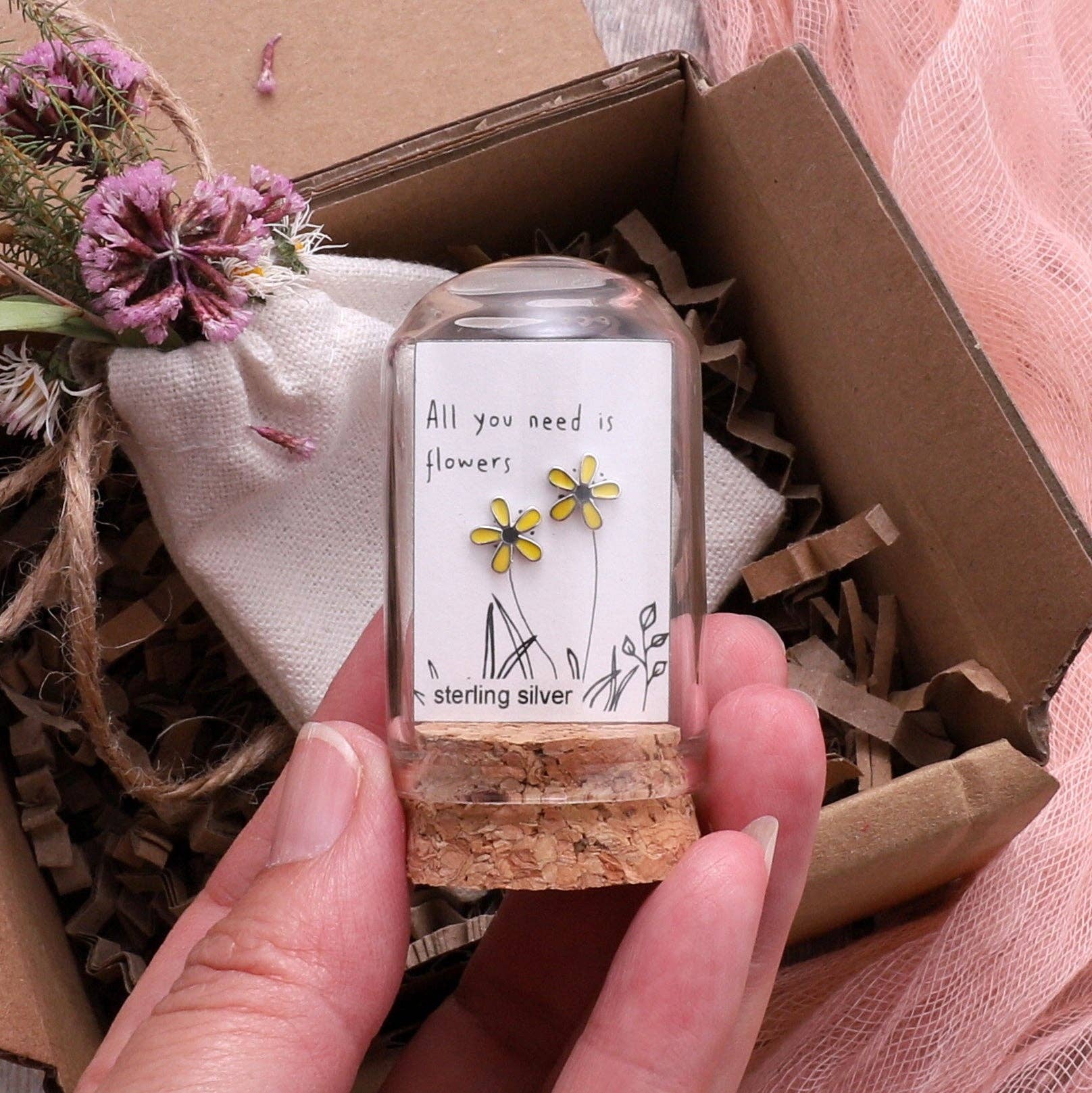 Yellow daisy earring gift set in kraft box with glass terrarium