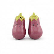 Pair of glossy purple ceramic aubergine shakers with green stems