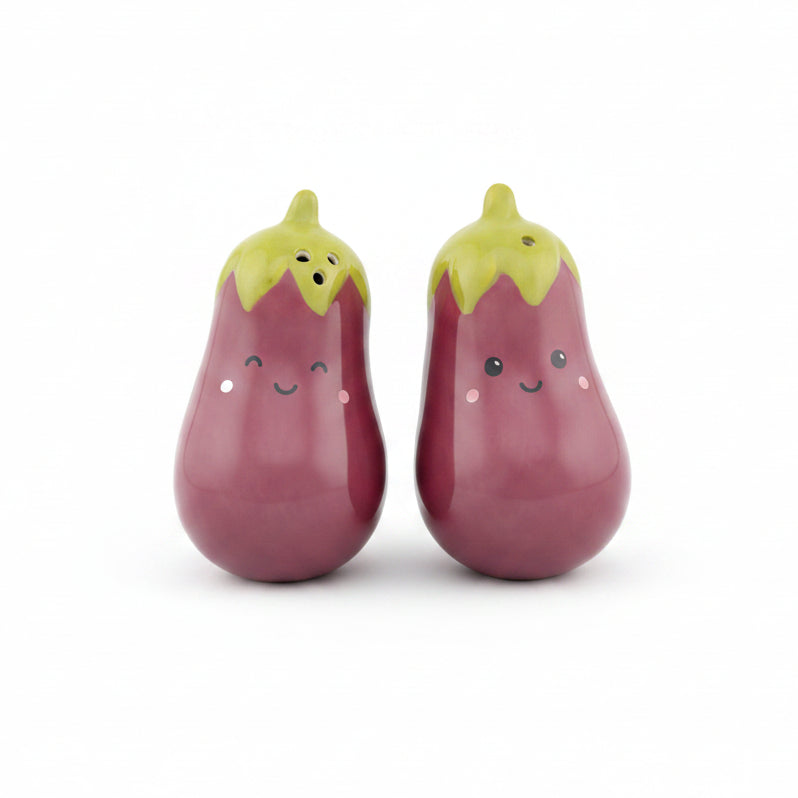 Pair of glossy purple ceramic aubergine shakers with green stems