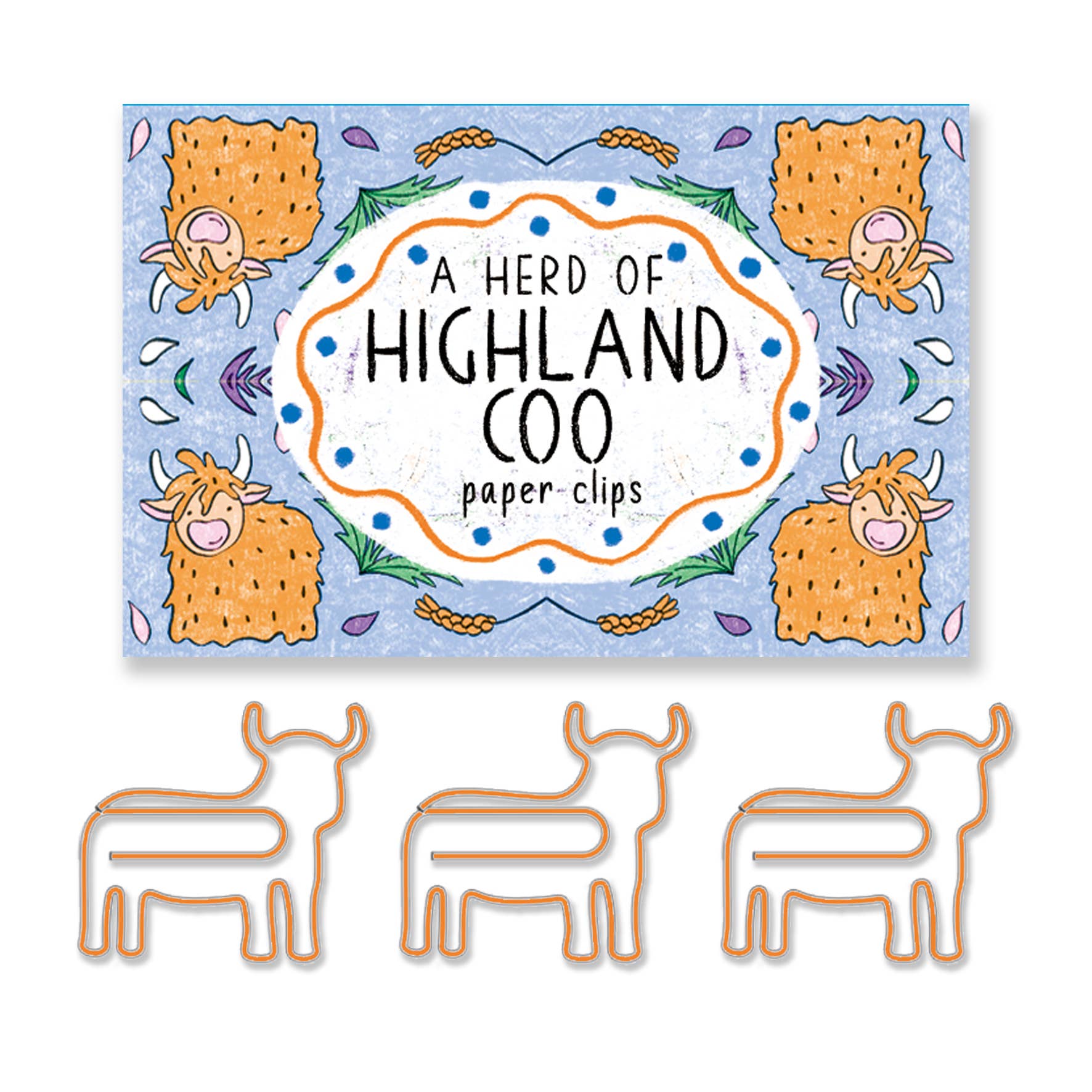 Highland cow paper clips in orange with illustrated box by Neon Magpie