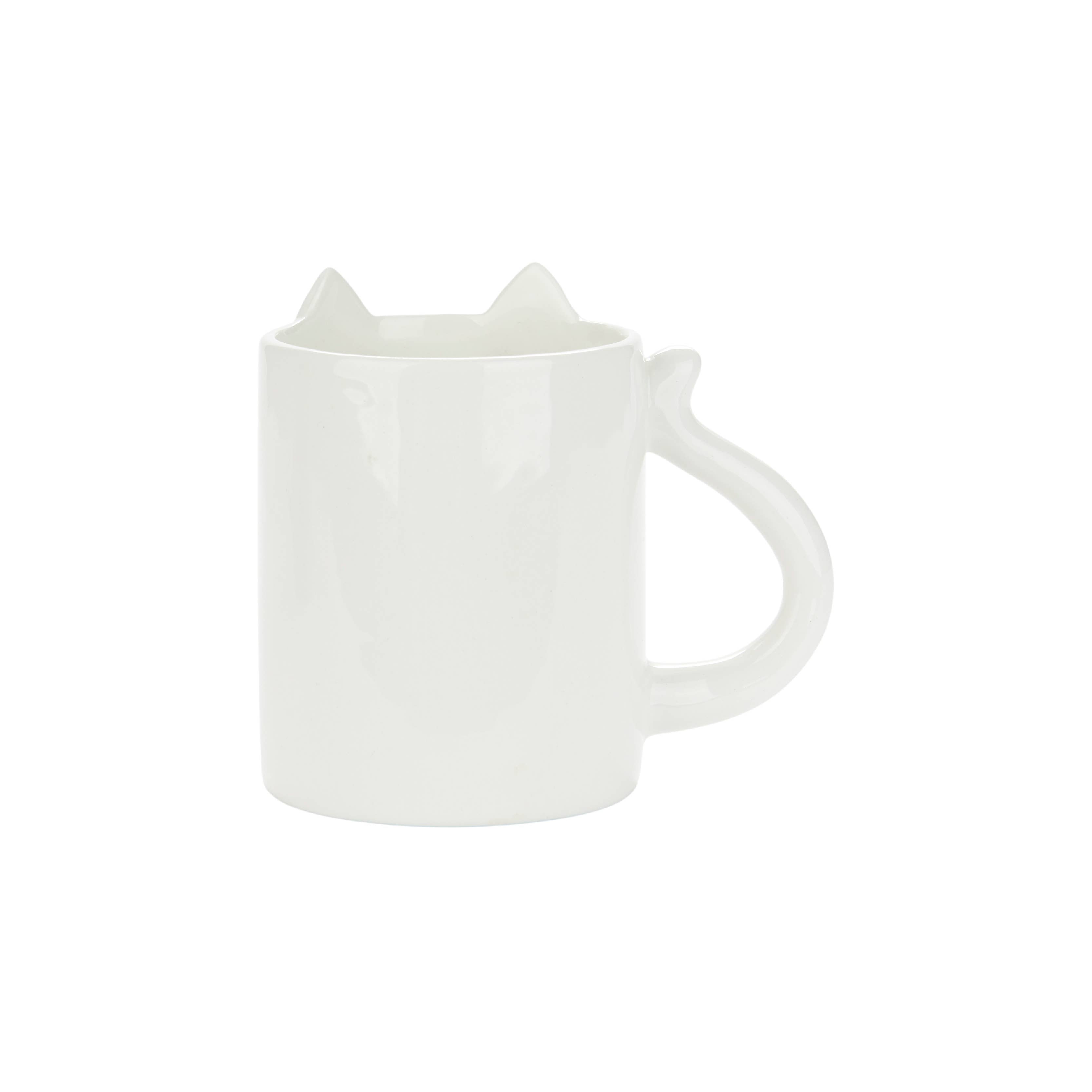 Back of the Cool Cat mug showing cat ears and tail handle, white background
