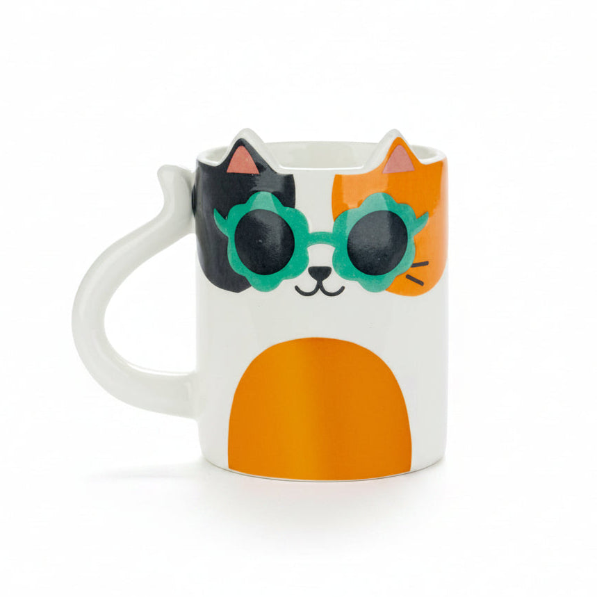 Cool Cat white ceramic mug with green heart sunglasses and tail handle, white background