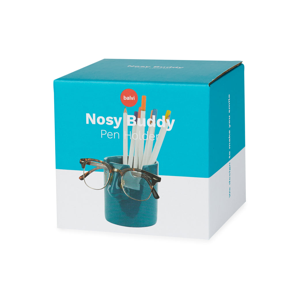 Nosy Buddy pen holder in turquoise and white Balvi gift packaging