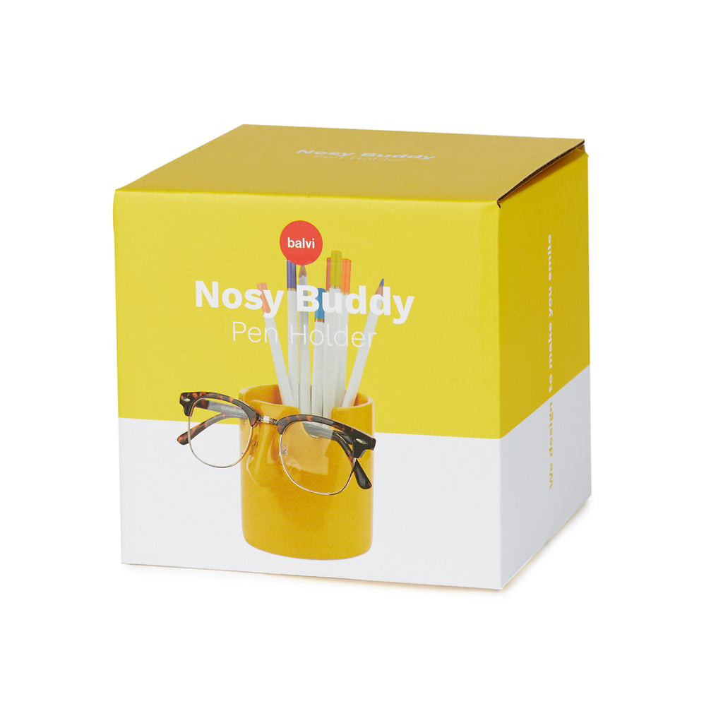 Nosy Buddy pen holder in yellow and white Balvi gift packaging