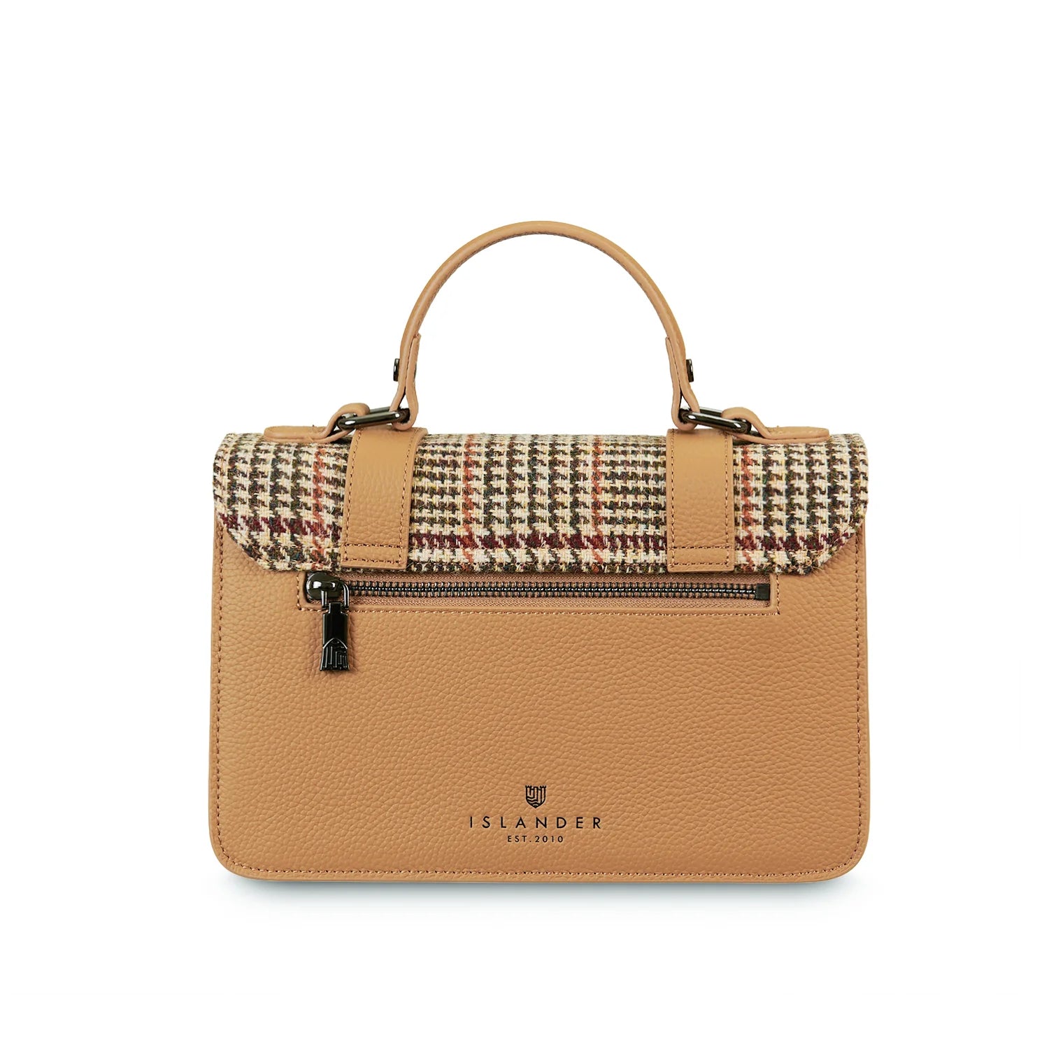 Back view of beige Harris Tweed medium leather satchel with rear zip pocket.