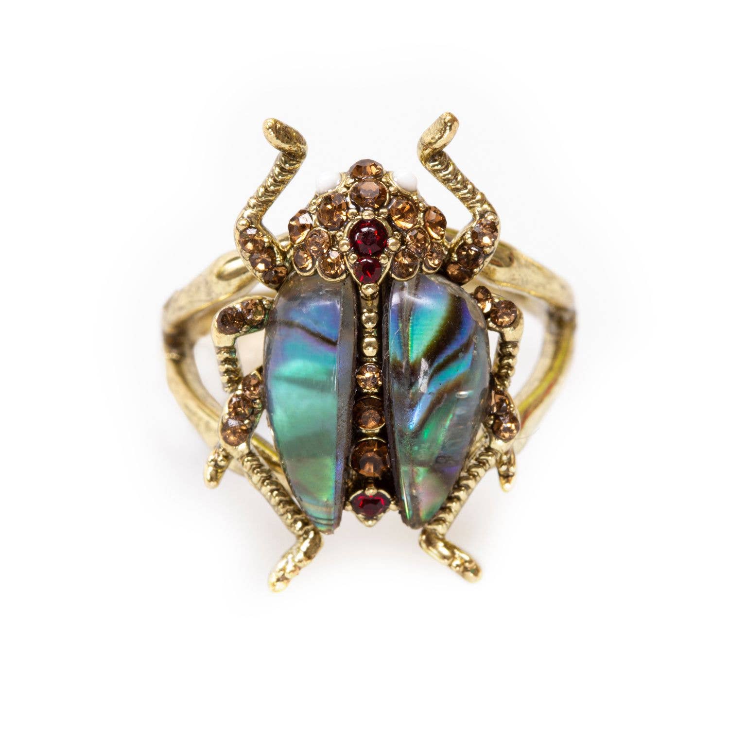 Close-up of Bejewelled Beetle Ring in antique gold with iridescent resin stones and crystals by Bill Skinner.