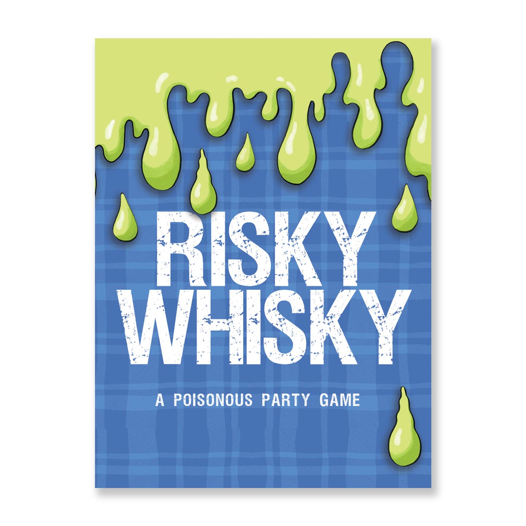 Risky Whisky party game box with green slime and blue tartan design, white background