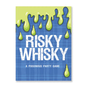 Risky Whisky party game box with green slime and blue tartan design, white background